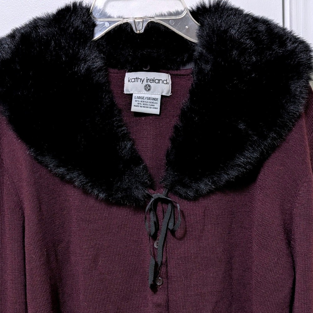 Y2K Kathy Ireland Faux Fur Collar Cardigan Sweater Wool Blend Eggplant Purple L